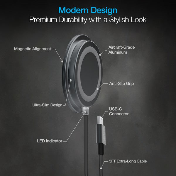 A MagSafe-compatible Naztech wireless charger magnetically attached to an iPhone, connected via USB-C for fast charging.