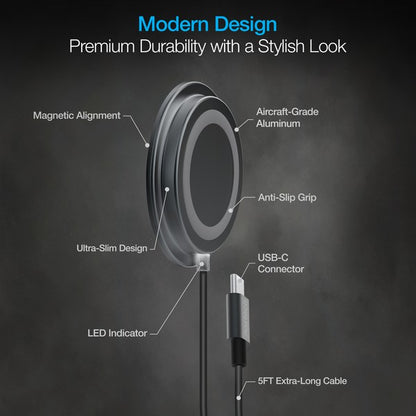 A MagSafe-compatible Naztech wireless charger magnetically attached to an iPhone, connected via USB-C for fast charging.