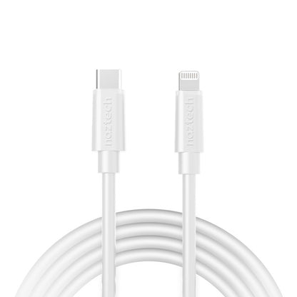 A coiled black Naztech cable with USB-C to Lightning connectors for charging and data transfer.