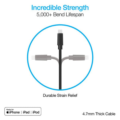 A coiled black Naztech cable with USB-C to Lightning connectors for charging and data transfer.