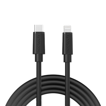 A coiled black Naztech cable with USB-C to Lightning connectors for charging and data transfer.