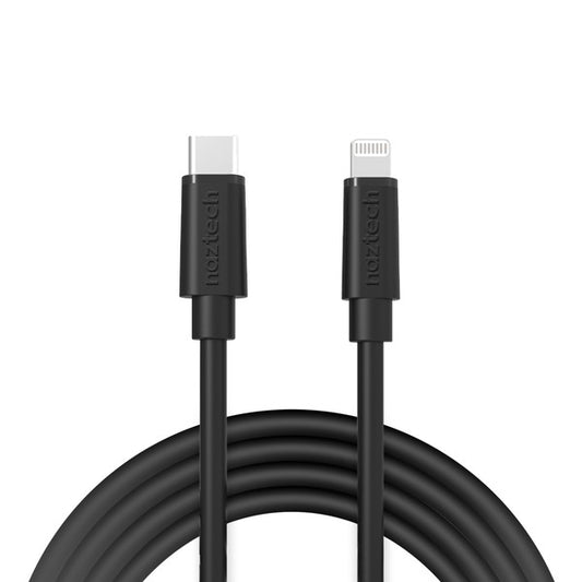 A coiled black Naztech cable with USB-C to Lightning connectors for charging and data transfer.