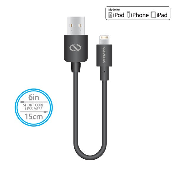 A short black Naztech USB-A to Lightning cable for charging and data transfer with Apple devices.