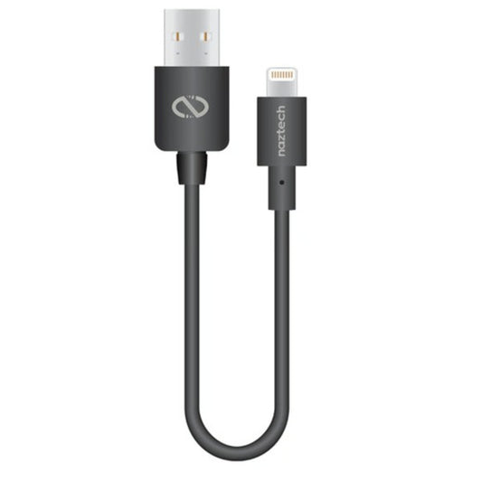 A short black Naztech USB-A to Lightning cable for charging and data transfer with Apple devices.