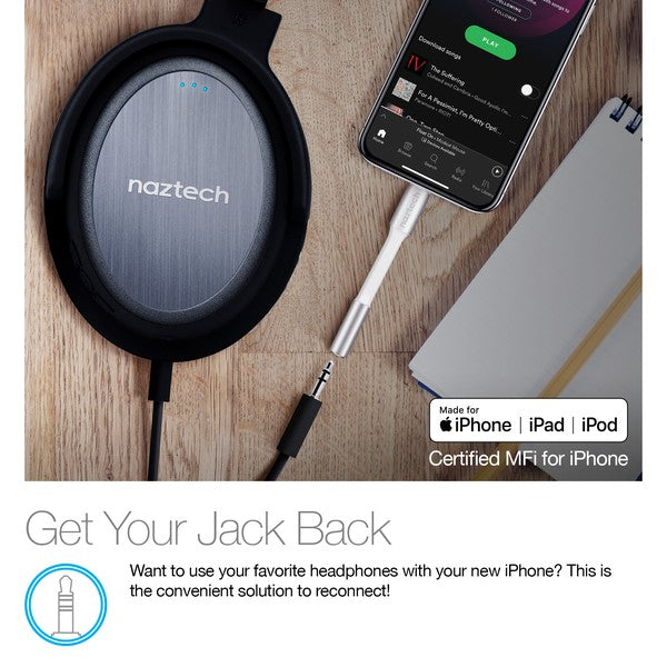 A Naztech adapter with a Lightning connector and 3.5mm jack for connecting wired headphones to Apple devices without headphone ports.