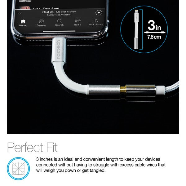 A Naztech adapter with a Lightning connector and 3.5mm jack for connecting wired headphones to Apple devices without headphone ports.
