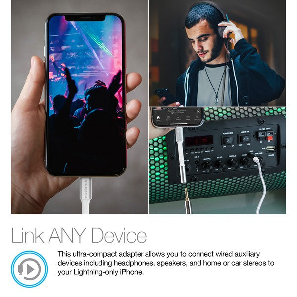 A Naztech adapter with a Lightning connector and 3.5mm jack for connecting wired headphones to Apple devices without headphone ports.