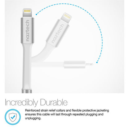 A Naztech adapter with a Lightning connector and 3.5mm jack for connecting wired headphones to Apple devices without headphone ports.