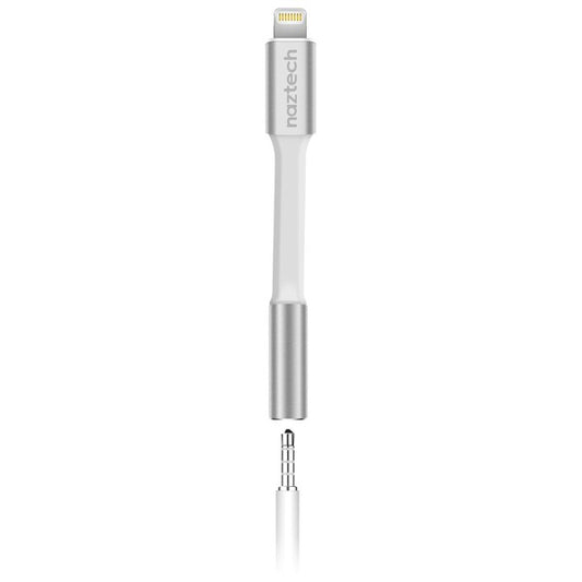 A Naztech adapter with a Lightning connector and 3.5mm jack for connecting wired headphones to Apple devices without headphone ports.