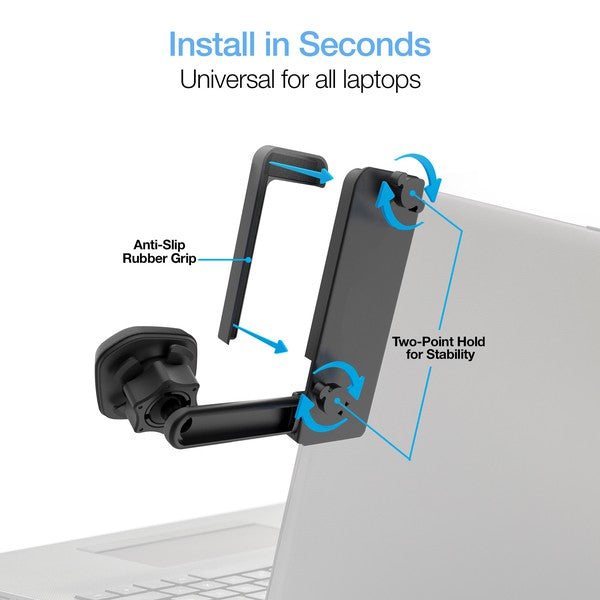 A compact NuTech Elite Series magnetic mount that attaches to any laptop, securely holding a smartphone for multitasking or video calls.