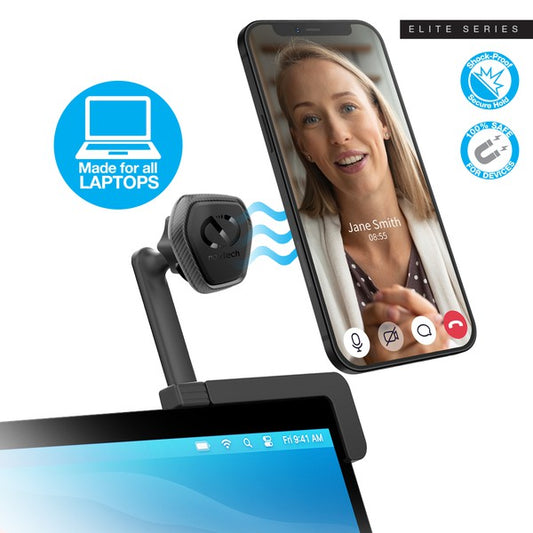 A compact NuTech Elite Series magnetic mount that attaches to any laptop, securely holding a smartphone for multitasking or video calls.