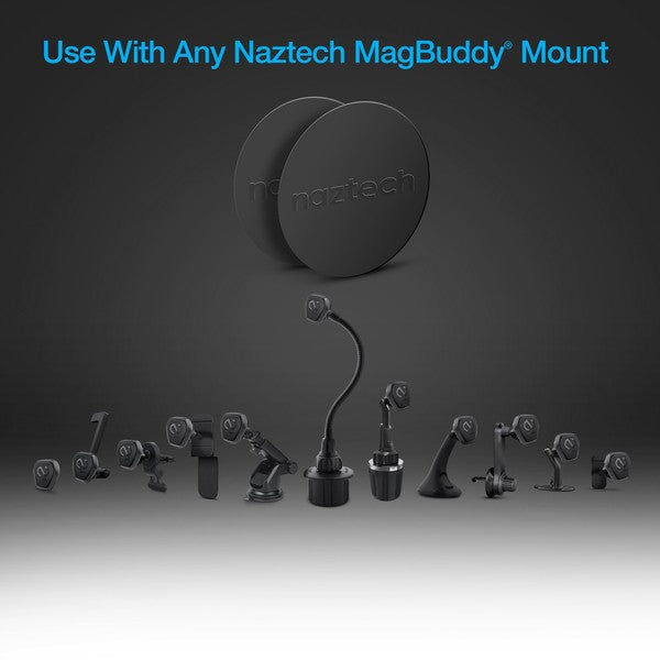 Naztech MagBuddy® mounts with magnetic plates—universal setup for cars and surfaces.