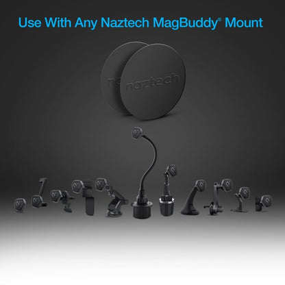 Naztech MagBuddy® mounts with magnetic plates—universal setup for cars and surfaces.