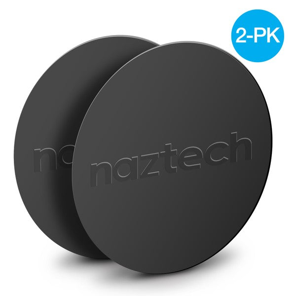 Two black circular magnetic mounts with "naztech" branding—minimal design, shown as a 2-pack for device holding or car mount use.