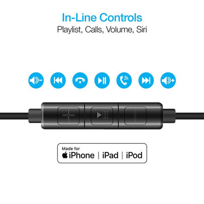 Precise diagram of Apple-compatible in-line controls—three-button remote enables playlist navigation, volume adjustment, call handling, and Siri activation.