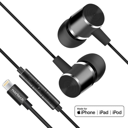 Black in-ear earphones with Lightning connector—features inline remote with volume and playback controls, built-in mic, and "Made for iPhone | iPad | iPod" compatibility.
