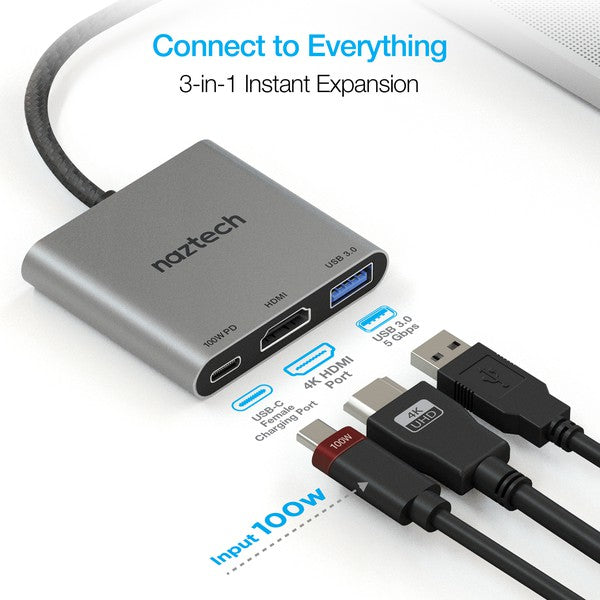 A compact Naztech USB-C adapter with braided cable, featuring USB-PD, HDMI, and USB 3.0 ports for fast charging, 4K video, and data transfer.