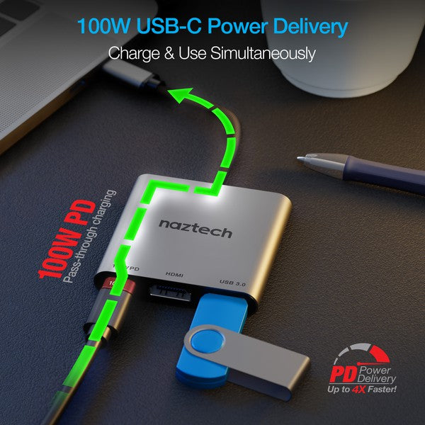 A compact Naztech USB-C adapter with braided cable, featuring USB-PD, HDMI, and USB 3.0 ports for fast charging, 4K video, and data transfer.