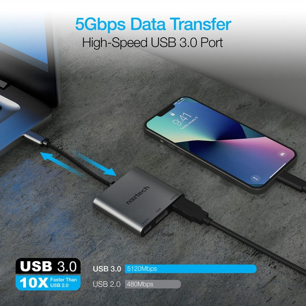 A compact Naztech USB-C adapter with braided cable, featuring USB-PD, HDMI, and USB 3.0 ports for fast charging, 4K video, and data transfer.