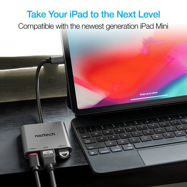 A compact Naztech USB-C adapter with braided cable, featuring USB-PD, HDMI, and USB 3.0 ports for fast charging, 4K video, and data transfer.