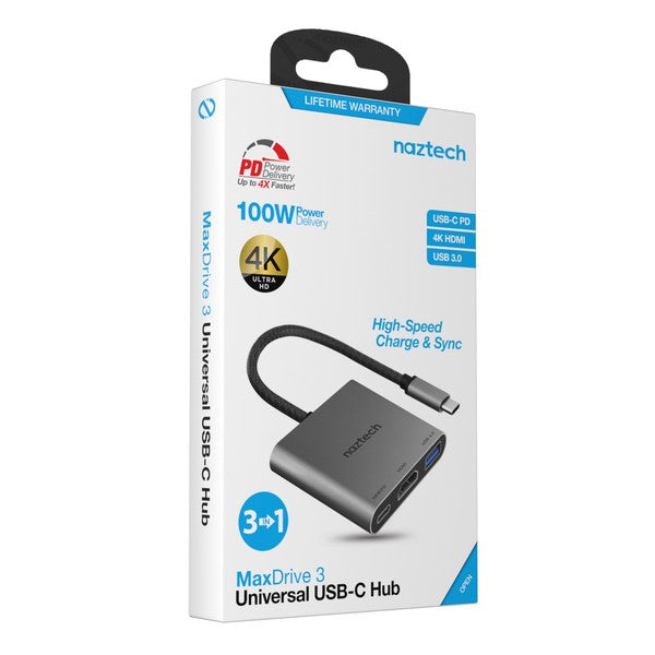 A compact Naztech USB-C adapter with braided cable, featuring USB-PD, HDMI, and USB 3.0 ports for fast charging, 4K video, and data transfer.