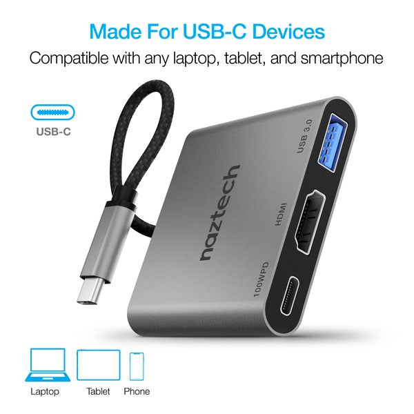 A compact Naztech USB-C adapter with braided cable, featuring USB-PD, HDMI, and USB 3.0 ports for fast charging, 4K video, and data transfer.