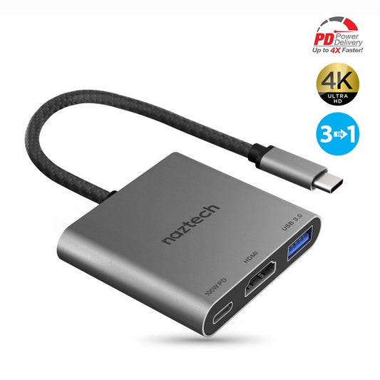 A compact Naztech USB-C adapter with braided cable, featuring USB-PD, HDMI, and USB 3.0 ports for fast charging, 4K video, and data transfer.
