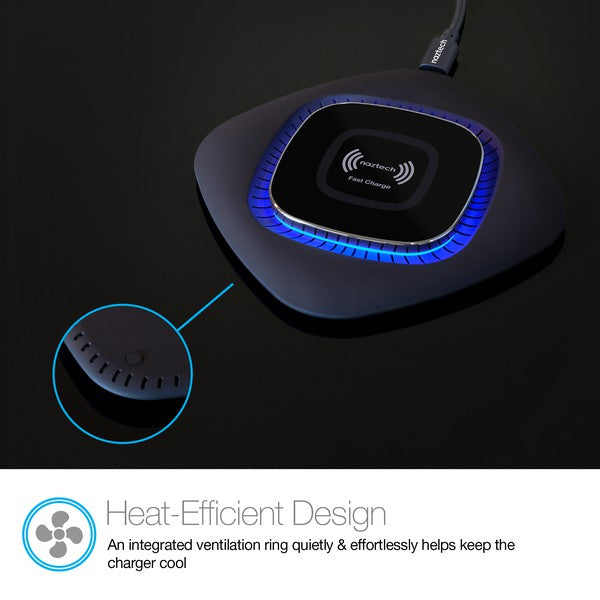 A black Naztech wireless charging pad with a glowing blue ring, actively charging a smartphone via Qi technology. Includes a USB wall adapter.