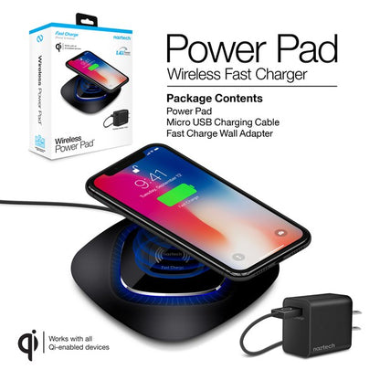 A black Naztech wireless charging pad with a glowing blue ring, actively charging a smartphone via Qi technology. Includes a USB wall adapter.