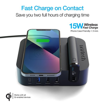 A sleek multi-device charging station with labeled USB ports, wireless charging for a smartphone, and a docked "midech" device featuring PD IN/OUT USB-C ports. Efficient and versatile.