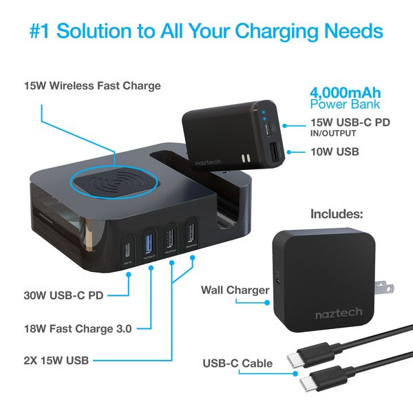 A sleek multi-device charging station with labeled USB ports, wireless charging for a smartphone, and a docked "midech" device featuring PD IN/OUT USB-C ports. Efficient and versatile.