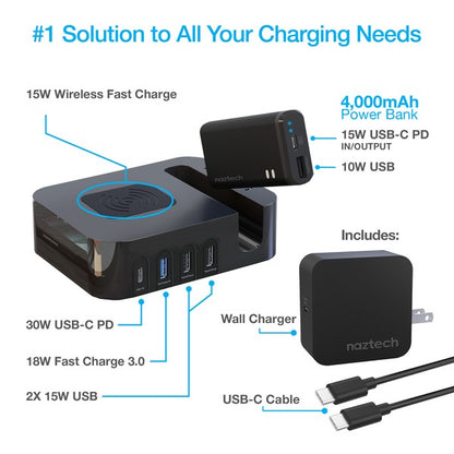 A sleek multi-device charging station with labeled USB ports, wireless charging for a smartphone, and a docked "midech" device featuring PD IN/OUT USB-C ports. Efficient and versatile.