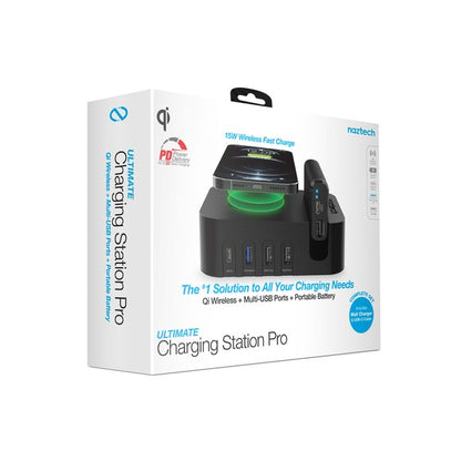 A sleek multi-device charging station with labeled USB ports, wireless charging for a smartphone, and a docked "midech" device featuring PD IN/OUT USB-C ports. Efficient and versatile.