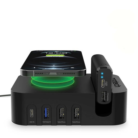 A sleek multi-device charging station with labeled USB ports, wireless charging for a smartphone, and a docked "midech" device featuring PD IN/OUT USB-C ports. Efficient and versatile.