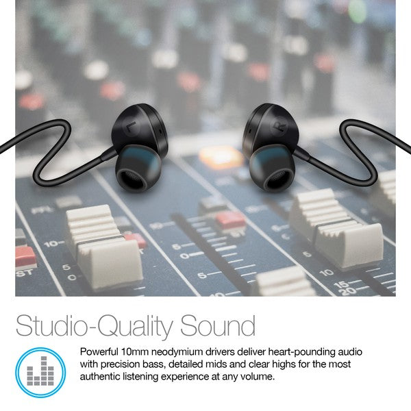 Black in-ear wired earphones with blue tips, placed on a mixing console—features 10mm neodymium drivers for studio-quality sound with deep bass, clear mids, and crisp highs.