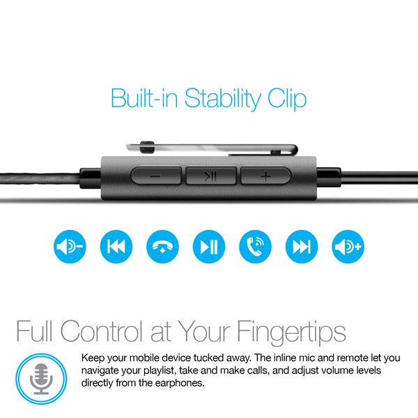 Promotional image of earphones featuring an inline remote with three buttons and a stability clip—offers full control for music playback, calls, and volume directly from the cable.