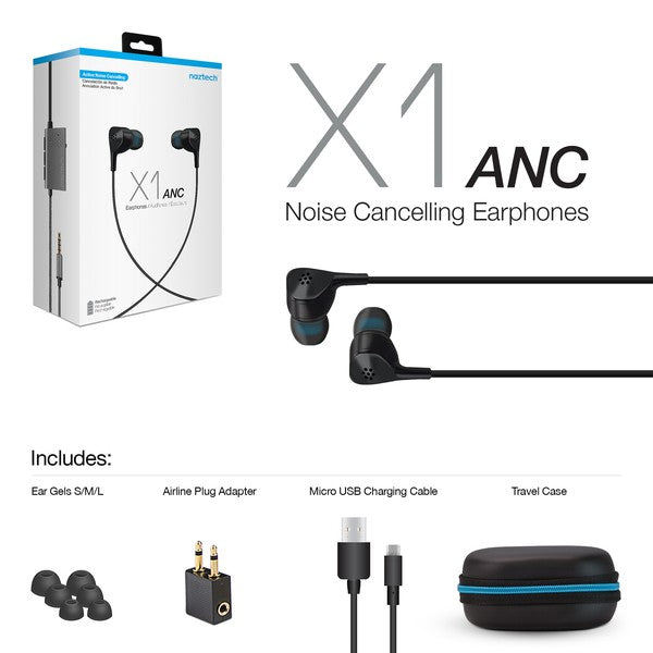 Naztech X1 ANC earphones with blue-accented earbuds—includes ear gels (S/M/L), airline adapter, micro USB cable, and travel case.