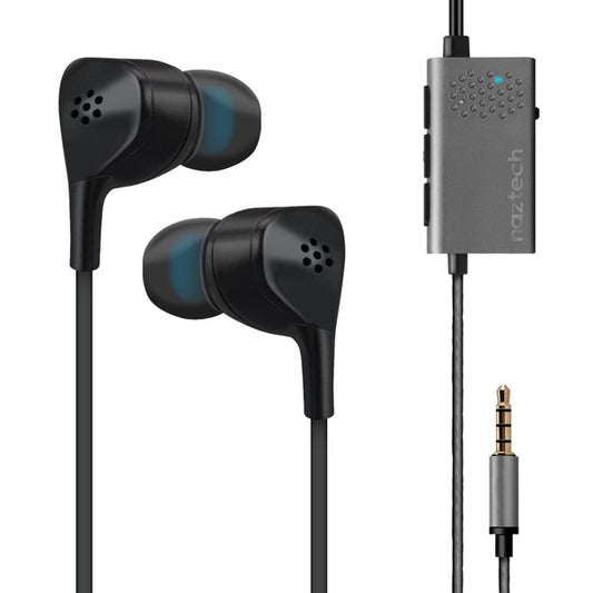 Black wired in-ear earphones with blue tips—features a rectangular inline control module labeled "naztech," three buttons, LED indicator, and a 3.5mm audio jack.