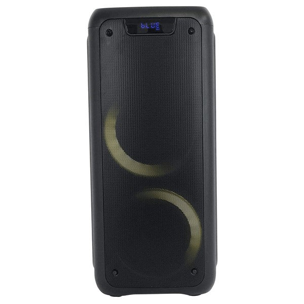 A large Bluetooth speaker with dual blue LED rings, a “BLUE” display for Bluetooth mode, and a remote control for playback and settings.