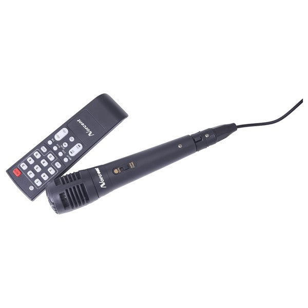 A large Bluetooth speaker with dual blue LED rings, a “BLUE” display for Bluetooth mode, and a remote control for playback and settings.