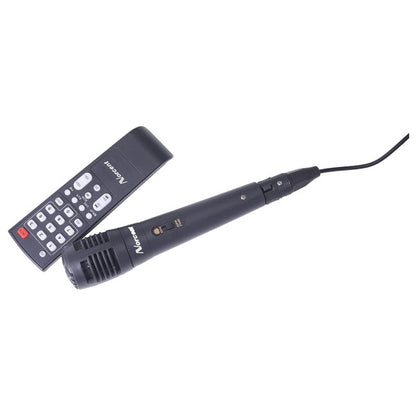 A large Bluetooth speaker with dual blue LED rings, a “BLUE” display for Bluetooth mode, and a remote control for playback and settings.