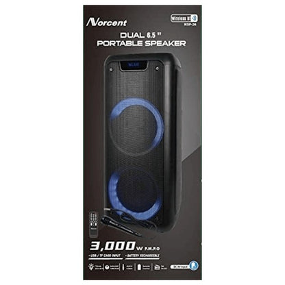 A large Bluetooth speaker with dual blue LED rings, a “BLUE” display for Bluetooth mode, and a remote control for playback and settings.