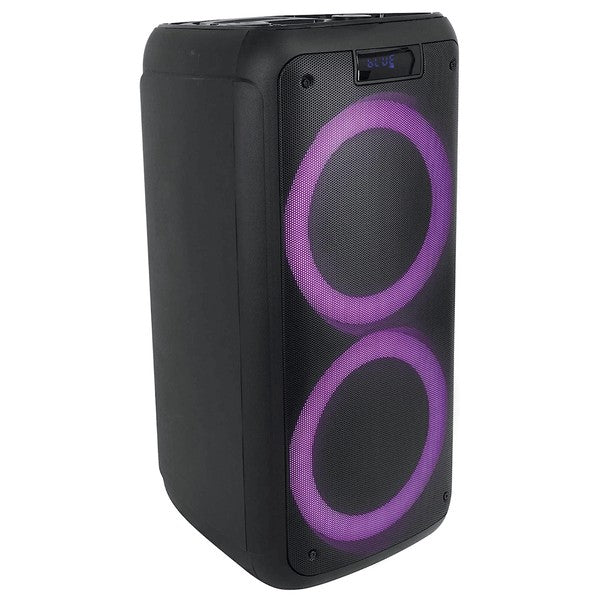 A large Bluetooth speaker with dual blue LED rings, a “BLUE” display for Bluetooth mode, and a remote control for playback and settings.