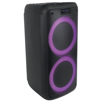 A large Bluetooth speaker with dual blue LED rings, a “BLUE” display for Bluetooth mode, and a remote control for playback and settings.