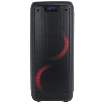 A large Bluetooth speaker with dual blue LED rings, a “BLUE” display for Bluetooth mode, and a remote control for playback and settings.