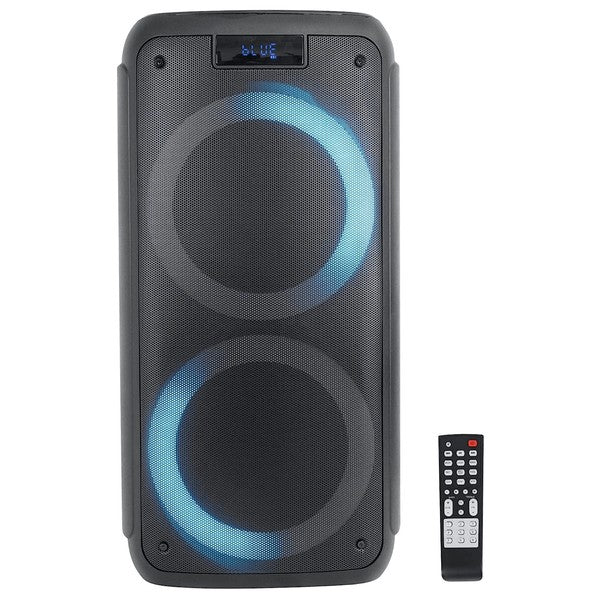 A large Bluetooth speaker with dual blue LED rings, a “BLUE” display for Bluetooth mode, and a remote control for playback and settings.