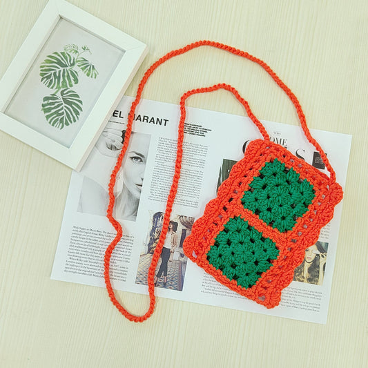 Handmade Woven Women Bag Net Red Ethnic Mobile Phone Bag Color Contrast Patchwork Single-Piece Crossbody Bag