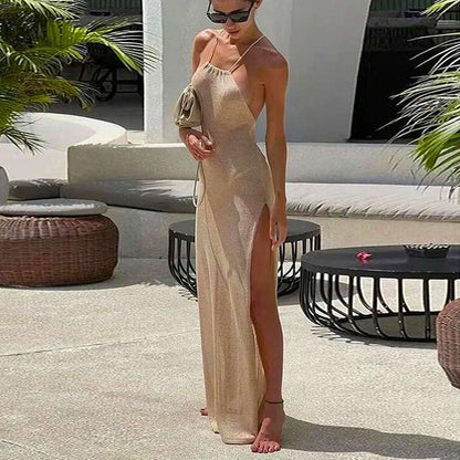 Double Sided High Slit Sling Beautiful Back Knitted Dress Beach Dress Women