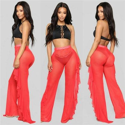 Ruffled Solid Color Casual Sexy Yarn Pants See through Women Beach Vacation Trousers