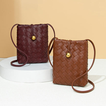 Soft Leather Bags Women Woven Handmade Bag Shoulder Messenger Bag Mini Phone Bag Casual All Matching Waist Bag